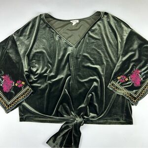 Tribal Jeans Womens XL Green Velvet Boho Embroidered Tie Front Top Fairy Artsy